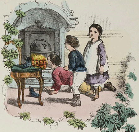 19th-century illustration of 3 children putting a shoe in front of the fire in the parlour
